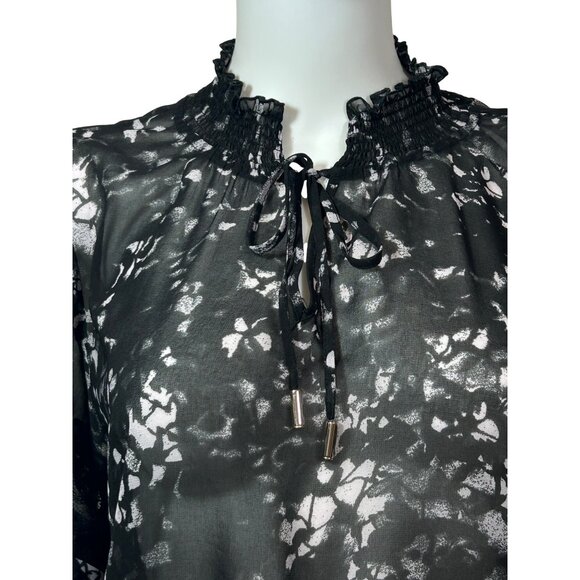 DKNY Blouse M Black White Speckled Lace Trim Long Sleeves Ruffle Neck Ties Sheer - Picture 6 of 16